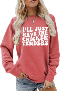 Detail of red long sleeve sweatshirt with white Chicken Tenders typography print