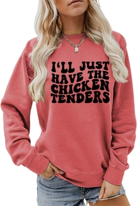 Detail of salmon pink cotton blend sweatshirt featuring bold black chicken tenders print