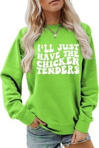Close-up of ribbed crewneck and white printed slogan on green cotton sweatshirt