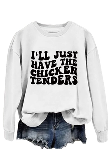 Detail of white cotton crewneck sweatshirt featuring black I'LL JUST HAVE THE CHICKEN print
