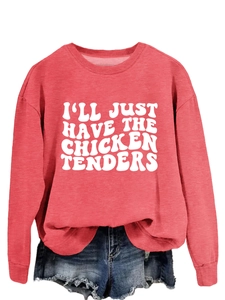 Detail of red long sleeve sweatshirt with white bold chicken tenders slogan