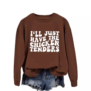 Brown long sleeve crewneck sweatshirt featuring white vintage chicken tenders print