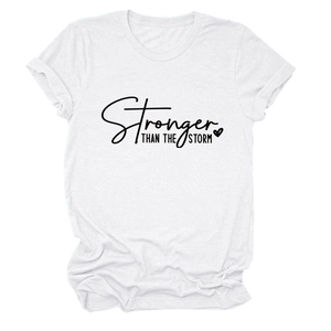 Detail of Stronger Than The Storm print on a white cotton crewneck t-shirt with rolled sleeves