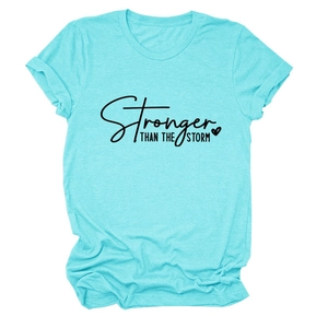 Detail of blue cotton T-shirt featuring Stronger Than The Storm printed graphic design