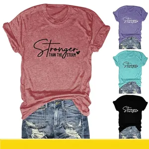 Women T-Shirt Stronger Than The Storm Letter Print Cotton Blend Casual Loose Fit Round Neck Short Sleeve Tee