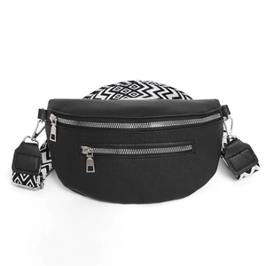 Minimalist black faux leather crossbody bag with geometric wide strap and silver hardware