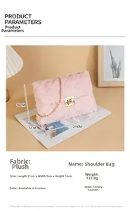 Detailed size specifications of pink plush quilted crossbody bag with metal chain