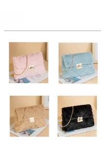 Close-up of plush quilted chain bags in pink, blue, apricot and black with gold clasps