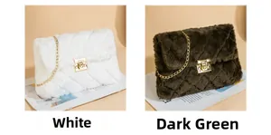 Detailed view of quilted plush texture on crossbody bags in white and green with gold chain
