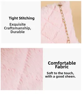 Detail of pink faux fur crossbody bag showing fine quilting and golden chain strap