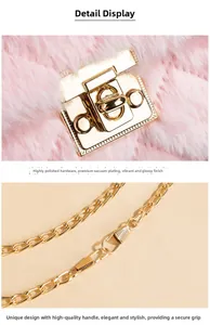 Detail of pink faux fur bag with high-polish gold hardware and vacuum-plated chain
