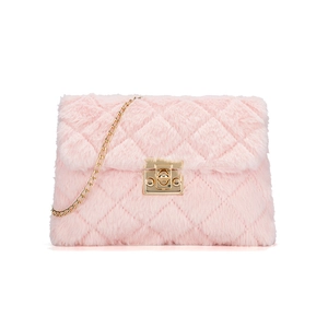 Chic pink fuzzy quilted crossbody bag with golden chain strap and sleek metal lock