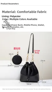 Detailed view of the suede and leather drawstring bucket bag with a round coin pouch set