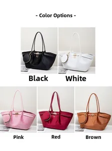 Detailed color display showing large tote bags in black, white, pink, red, and brown tones