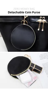Detail of detachable round velvet coin purse with golden zipper and spring hook clip