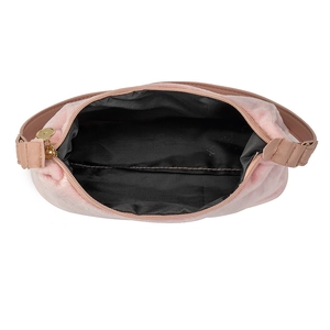 Pink plush baguette bag with leather strap and zip closure showing black interior lining