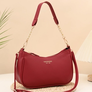 Fashionable dark red underarm shoulder bag with litchi texture and chain strap