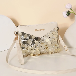 Women Sequin Crossbody Bag Fashion Small Square Shoulder Bag Clutch With Metallic Logo PU Leather Trendy Evening Handbag