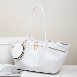 White felt tote bag with swan metal buckle and matching small zipper pouch detail