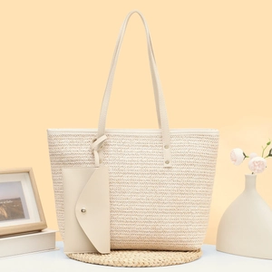 Chic cream woven bucket tote bag with leather straps and matching small envelope pouch