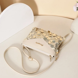 Chic beige sequin crossbody bag with gold lettering and adjustable shoulder strap for women