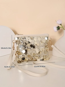 Dettagli dimensionali della borsa a tracolla con paillettes champagne 22x16x6cm