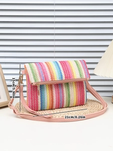 Colorful striped woven bag detail showing 21x15cm dimensions and boho texture