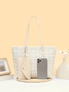 Grand sac cabas en tweed avec pochette assortie et téléphone pour l'échelle