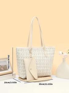 Dimensions détaillées du sac seau tissé beige et de sa pochette assortie avec mesures
