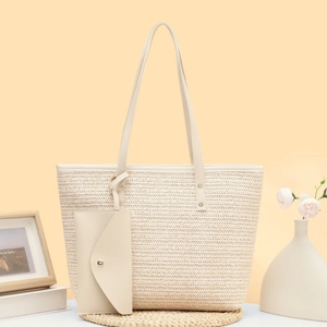 Woven Straw Tote Bag With Small Pouch Herringbone Pattern PU Leather Straps Casual Beach Vacation Shoulder Bag For Women