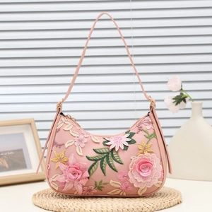 Borsa a Spalla da Donna con Fiori Ricamati Moda Rosa in Pelle Sintetica Sottoascellare Hobo con Ricamo Floreale 3D
