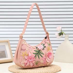 Borsa a spalla rosa con ricamo floreale 3D e tracolla regolabile per donna