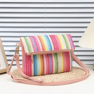 Colorful Striped Straw Woven Shoulder Bag Bohemian Summer Beach Flap Crossbody Bag For Women With PU Strap