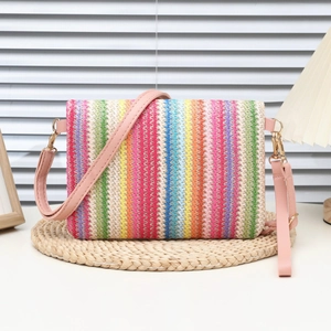 Colorful rainbow wavy woven straw crossbody bag with pink leather strap for summer fashion