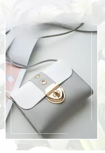 Détail du sac bicolore avec boucle en métal doré et texture en cuir mat élégant