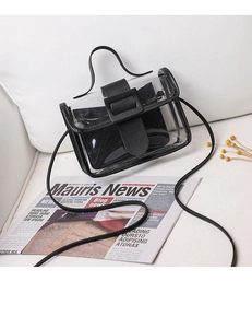 Detail of transparent PVC crossbody bag with black trim and inner pouch on white background