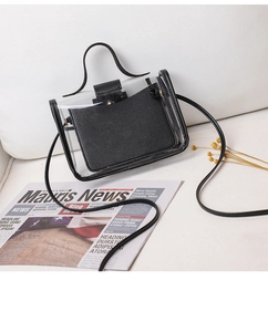 Detail of mini transparent PVC crossbody bag with black leather trim and metal snap closure