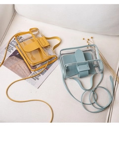 Detail of mini clear PVC crossbody bags in yellow and blue with leather accents