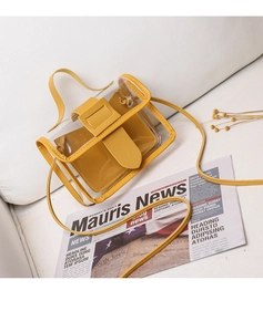 Detail view of yellow transparent PVC mini crossbody bag with a leather-textured inner pouch