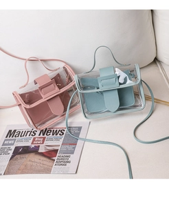 Detail of mini transparent PVC handbag with leather pouch in pink and blue