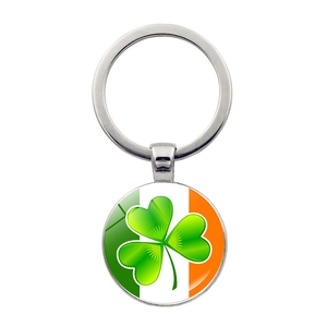 St Patricks Day Shamrock Keychain Ireland Flag Pattern Zinc Alloy Metal Key Ring Glass Cabochon Lucky Irish Gift Jewelry Accessory