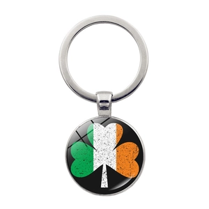 Detailed view of Ireland flag clover keychain with polished silver metal ring and glass dome