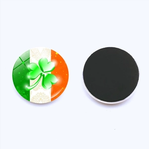Front and back view of round Ireland flag clover glass fridge magnet with soft magnetic base