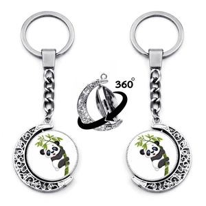 Porte-Clés Métal Lune Panda Rotatif Alliage de Zinc Pendentif en Verre Lune Évidée Souvenir Anneau de Clé pour Femmes Hommes