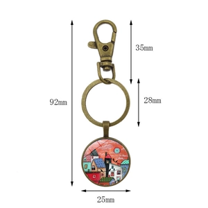 Porte-clés paysage en bronze antique avec pendentif maison et dimensions précises