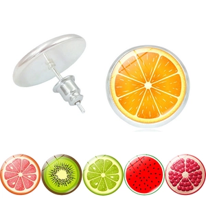 Pendientes de Botón Redondos de Rodajas de Fruta Fresca Para Mujer Patrón de Sandía Limón Naranja Manzana Vidrio Aleación Joyería