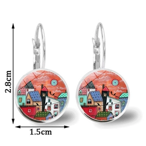Abstract landscape earrings featuring house painting with 2.8cm height and 1.5cm width