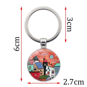 Round keychain with artistic sunset landscape and house painting for gifts