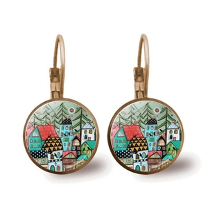 Macro shot of lever-back earrings featuring a hand-painted colorful house and forest landscape
