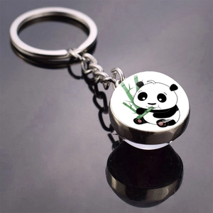 Detailed view of a round glass keychain pendant featuring a cute panda eating bamboo